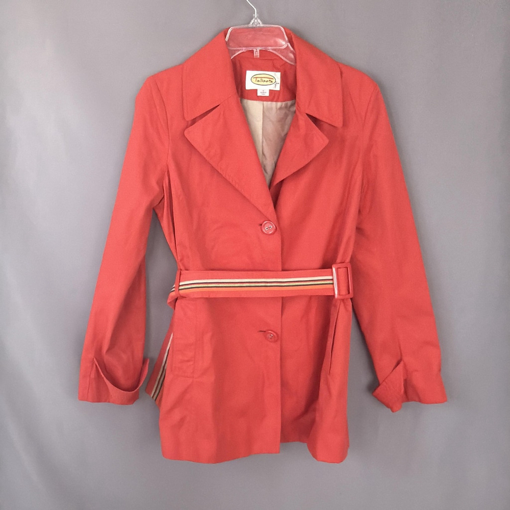 Vintage Talbots Trench Coat Womens Medium Orange‎ Rain Jacket Short Belted
